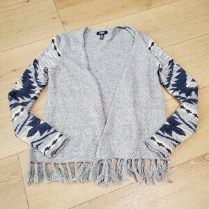 Chaps By Ralph Lauren Womens M Cardigan Gray Open Front Tassels Aztec Blue Boho